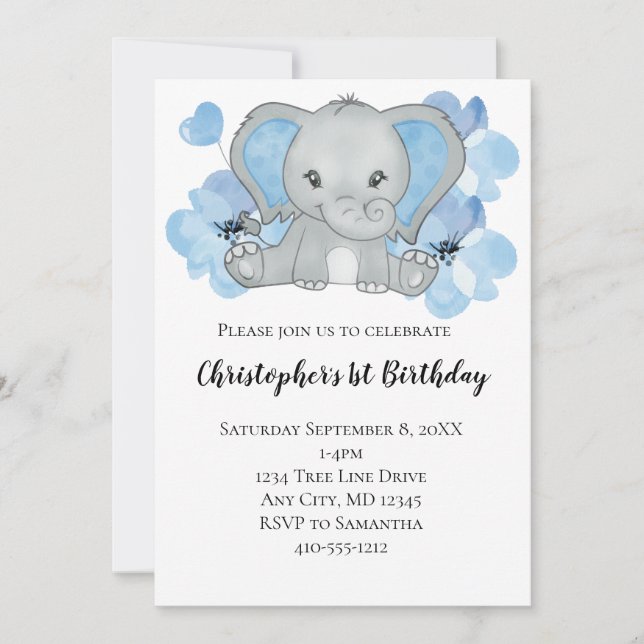 Convites Elefante Azul Bebê Menino Flores Balões Aniversári (Frente)