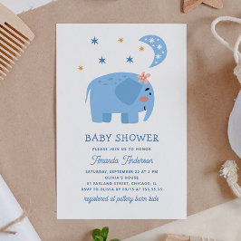 Convites Elefante azul engraçado e estrelas da lua. Chá de