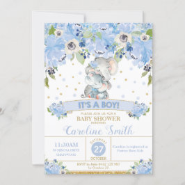 Convites Elefante Azul Floral Churrasco de Bebê Menino Mamã