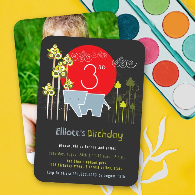 Convites Elefante Azul Na Festa de aniversário Do Garoto Da (Blue Elephant In The Forest Kid's Birthday Party Photo Invitation Card @ fat_fa_tin)