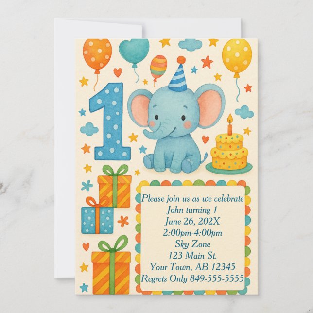Convites Elefante, Balões, Bolo e Presentes do primeiro ani (Frente)