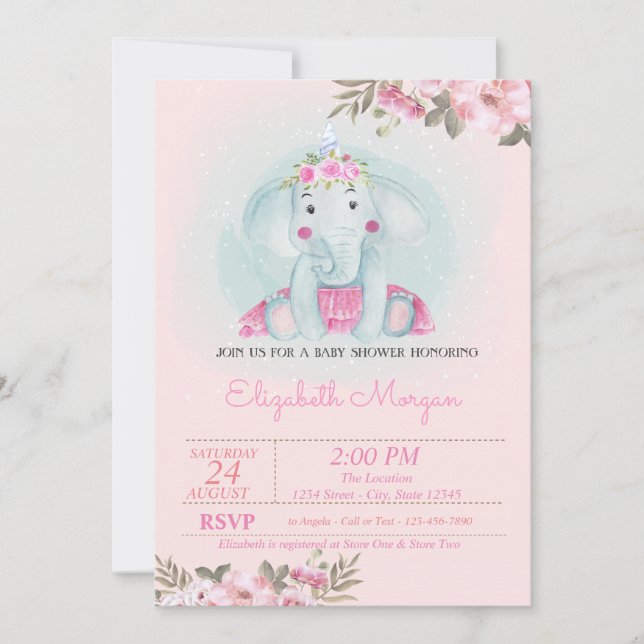 Convites Elefante Bebê, Coroa Floral Baby Shower (Frente)