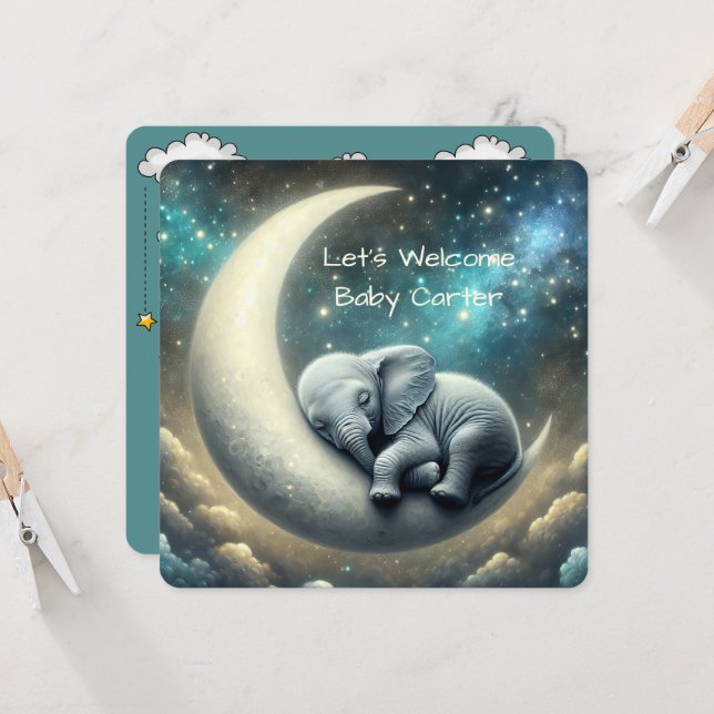 Convites Elefante Bebê Dormindo Na Lua Crescente (Frente/Verso In Situ)