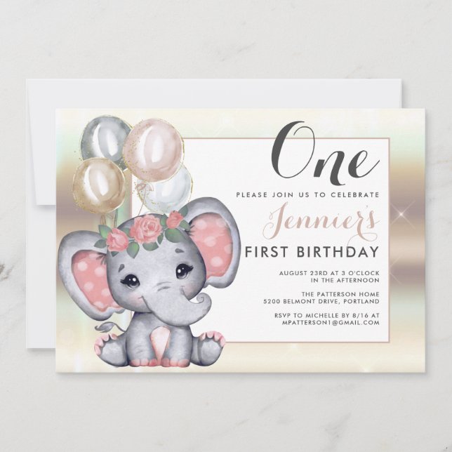 Convites Elefante Bebê Floral Fofo Com Balões (Frente)