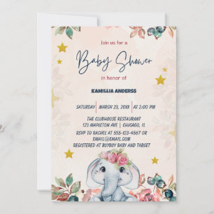 Convites Elefante bebê floral rosa  
