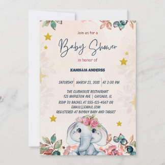 Convites Elefante bebê floral rosa  