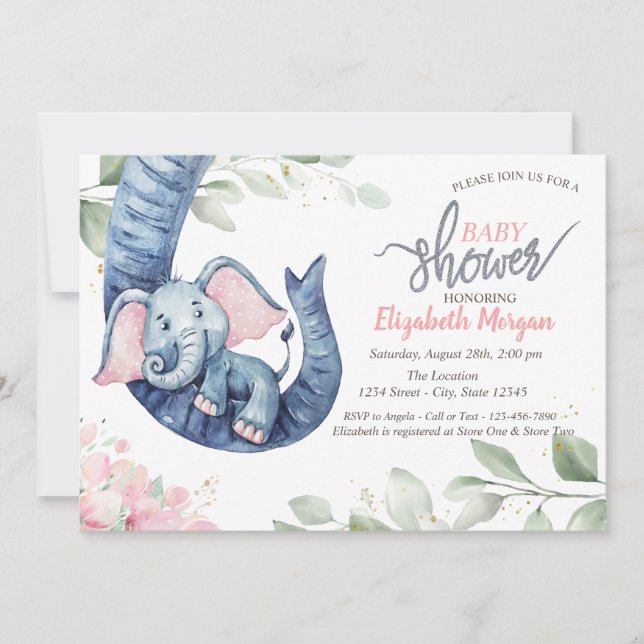 Convites Elefante Bebê Menina Deixa Chuveiro de Bebê Floral (Frente)