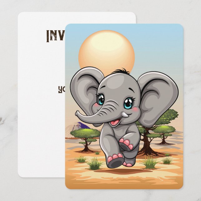 Convites Elefante Bebê Pulando Feliz em Savana Africana (Frente/Verso)