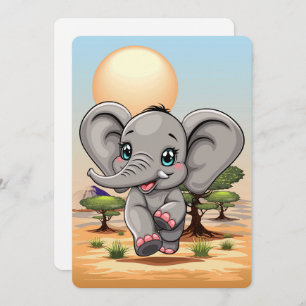 Convites Elefante Bebê Pulando Feliz em Savana Africana