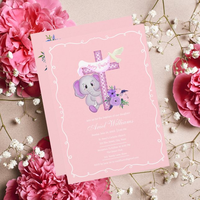 Convites Elefante Bebê Rosa Com Dove E Batismo Cruzado (This sweet Elephant Baptism invitation is delicate, lovely and easy to add your event details. )