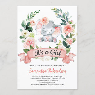 Convites Elefante Blush Floral Rosa Rustic É uma menina