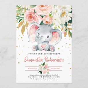 Convites Elefante BLush Rosa FLoral Bebê