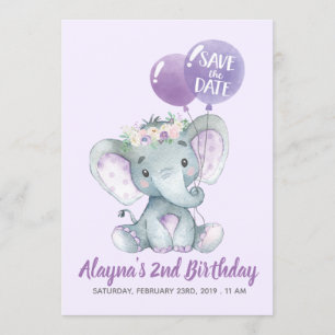 Convites Elefante bonito da lavanda com balões roxos