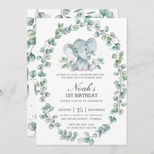 Convites Elefante Bonito Eucalyptus Greenere Birthday Boy (Frente/Verso)