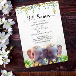 Convites Elefante Bonito Gêmeos Chá de fraldas Verde Floral