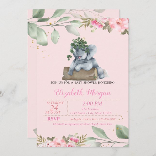 Convites Elefante Bonito, Sair, Chá de fraldas Floral (Frente/Verso)