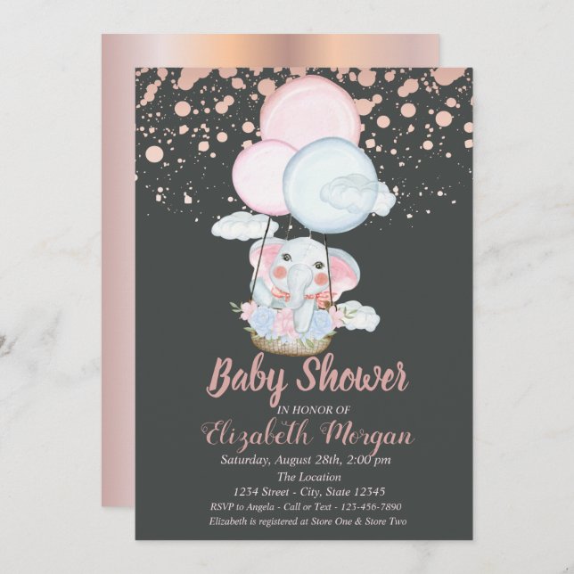 Convites Elefante Cento,Balão de Ar,Chá de fraldas Dourado (Frente/Verso)