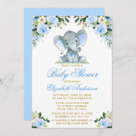 Convites Elefante chá de fraldas Aquarela Azul Floral Doura