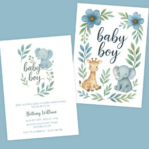 Convites Elefante Chá de fraldas Blue Baby Boy
