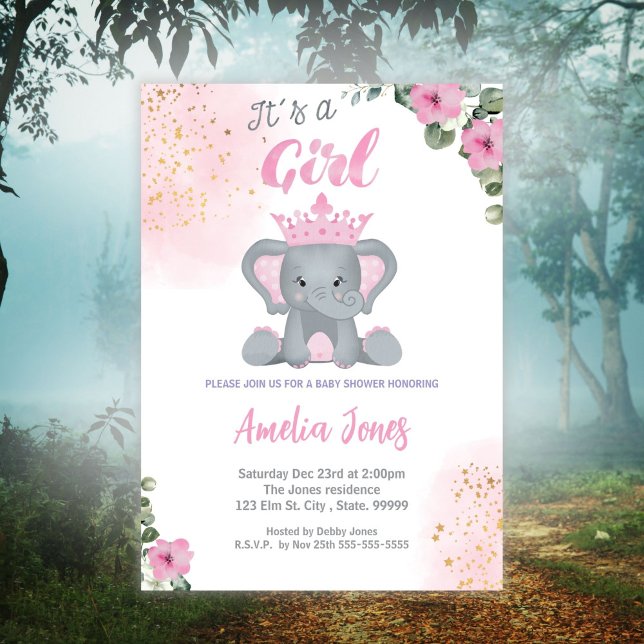 Convites Elefante Chá de fraldas Girl (Criador carregado)