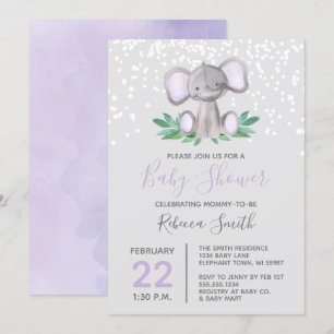 Convites Elefante Chá de fraldas Purple Watercolor