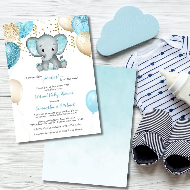 Convites Elefante Cinto Turquiose Dourado Chá de fraldas de (Cute Elephant Turquiose Gold Balloons Baby Shower Invitation)
