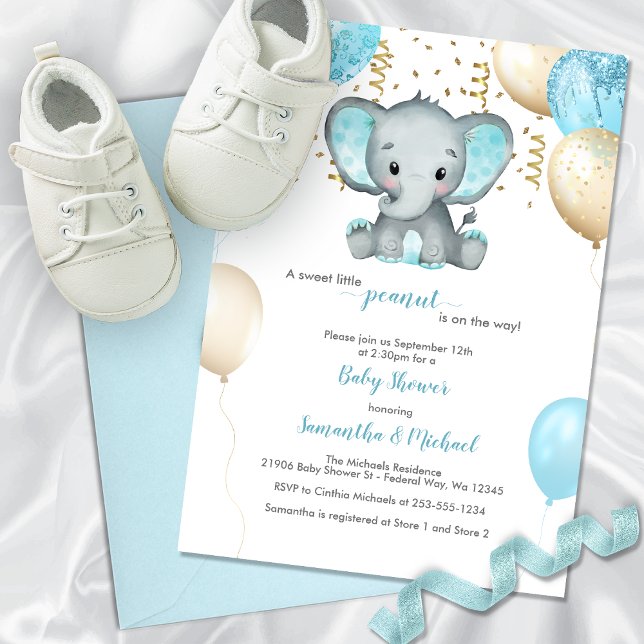 Convites Elefante Cinto Turquiose Dourado Chá de fraldas de (Cute Elephant Turquiose Gold Balloons Baby Shower Invitation)