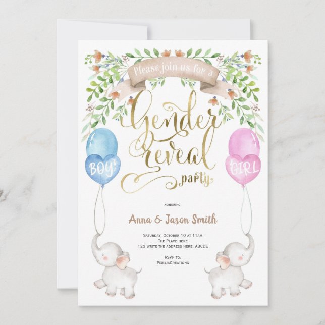 Convites Elefante com balões, Partido da Revenda de Gênero (Frente)