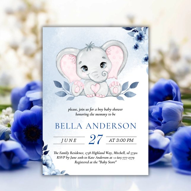 Convites Elefante com Chá de fraldas de Aquarela Azul com A (Elephant With Blue Anemones Watercolor Baby Shower Invitation)