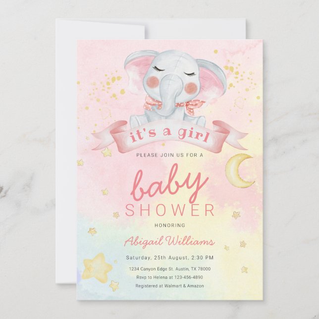 Convites Elefante com chá de fraldas de estrelas (Frente)
