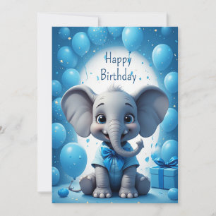 Convites Elefante com Laço Azul - Desejos de Aniversário 🐘