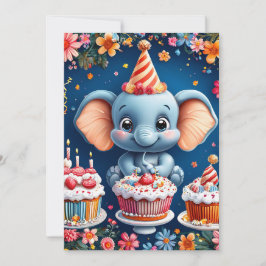 Convites Elefante de aniversário com bolo e balões