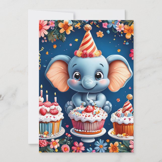 Convites Elefante de aniversário com bolo e balões (Frente)