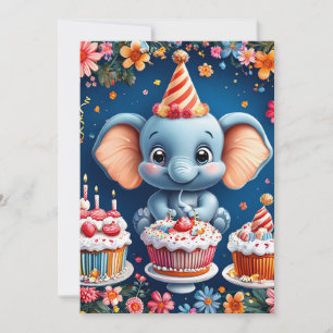 Convites Elefante de aniversário com bolo e balões