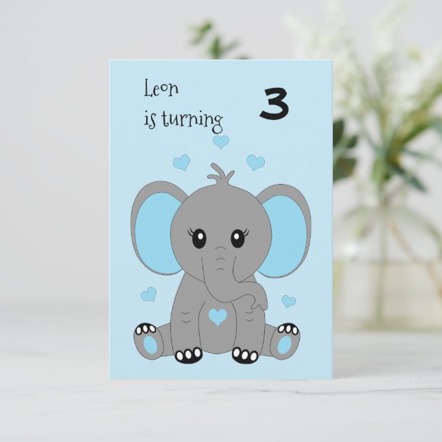 Convites Elefante de bebê bonito em azul, aniversário de me (Em pé/Frente)