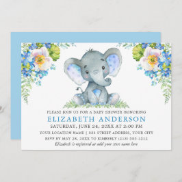 Convites Elefante de Chá de fraldas Floral Azul de Aquarela