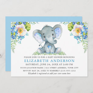 Convites Elefante de Chá de fraldas Floral Azul de Aquarela