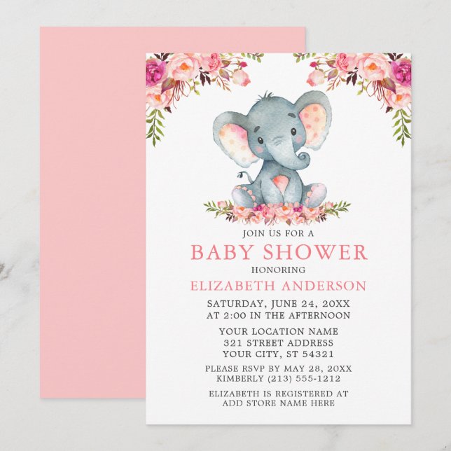 Convites Elefante De Chá de fraldas Floral De Cor Rosa-De-Á (Frente/Verso)