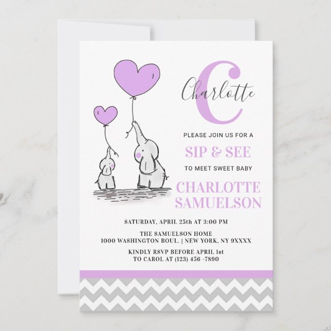Convites Elefante de Cinza Roxo Moderno SIP & SEE Menina (Frente)