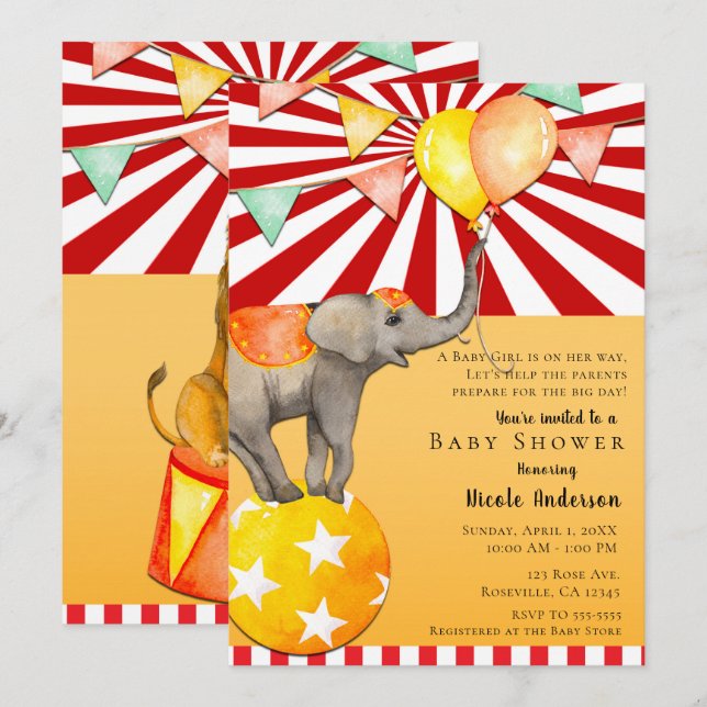 Convites Elefante de Circo em Bola Festa de Chás de Bebê (Frente/Verso)