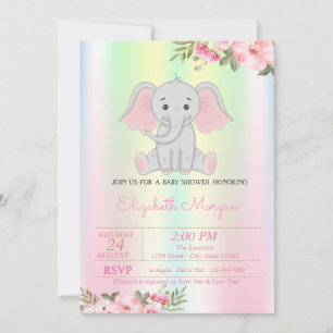 Convites Elefante De Menina, Chá de fraldas Floral Iridesc