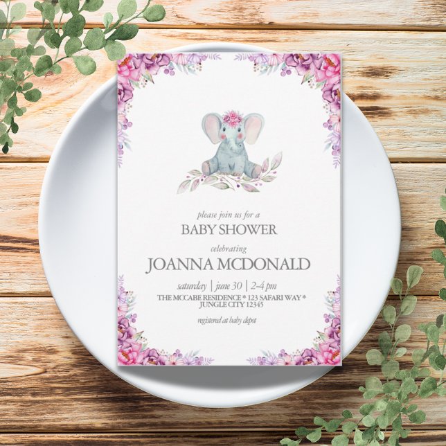 Convites Elefante de Plush | Safari Floral Baby Chá (Plush Elephant | Safari Floral Baby Girl Shower Invitation)
