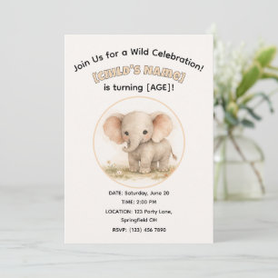 Convites Elefante de Safari em Aquarela Fofa Aniversário de