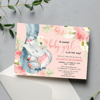 Convites Elefante, doce menina, blush, creme cor-de-rosa