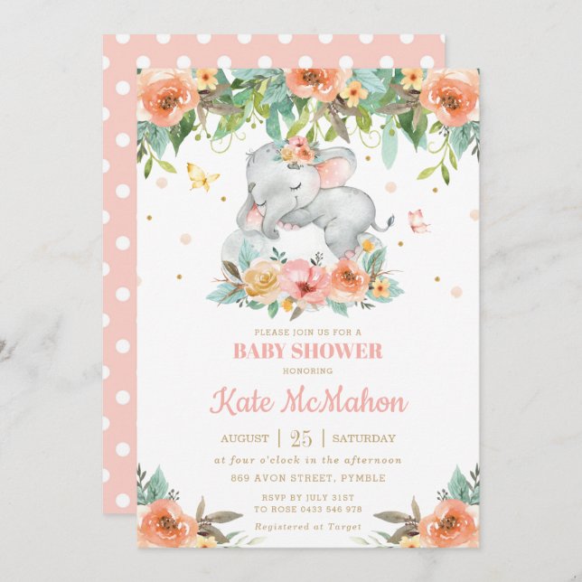 Convites Elefante Dormente Chá de fraldas Floral Rosa Pêsse (Frente/Verso)