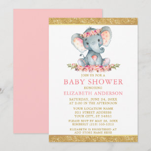 Convites Elefante Dourado brilhante cor-de-rosa