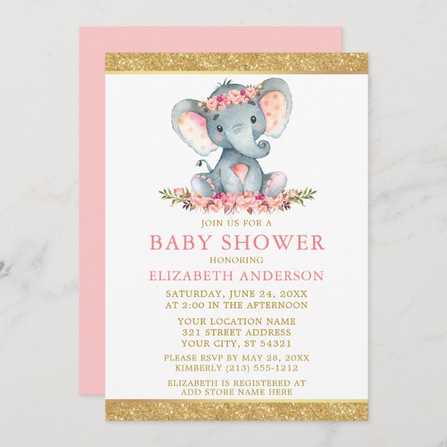 Convites Elefante Dourado brilhante, cor-de-rosa, com Chá d (Frente/Verso)