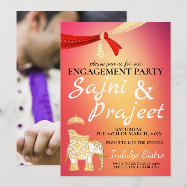 Convites Elefante e Festa de noivado índia do Scarf (Frente/Verso)