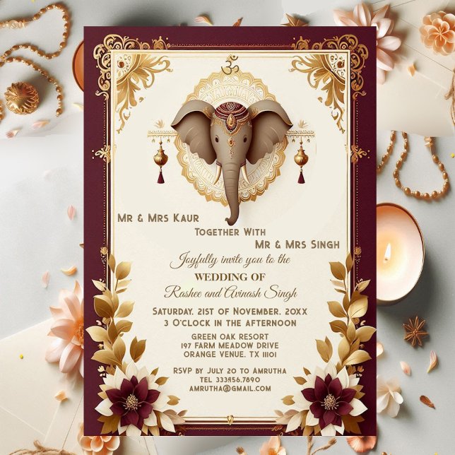 Convites Elefante Elegante Auspício Ganesha Floral Indiano (Elegant Elephant Auspicious Ganesha Floral Indian Invitation)