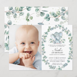Convites Elefante Eucalyptus Greenery Boy Foto de Aniversár